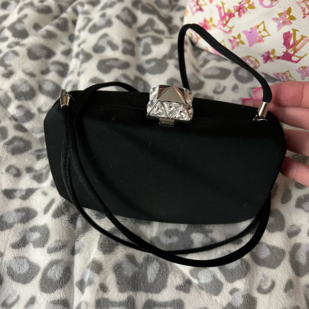 Vintage Rodo Italy black hard shell evening bag/clutch with rhinestone clasp